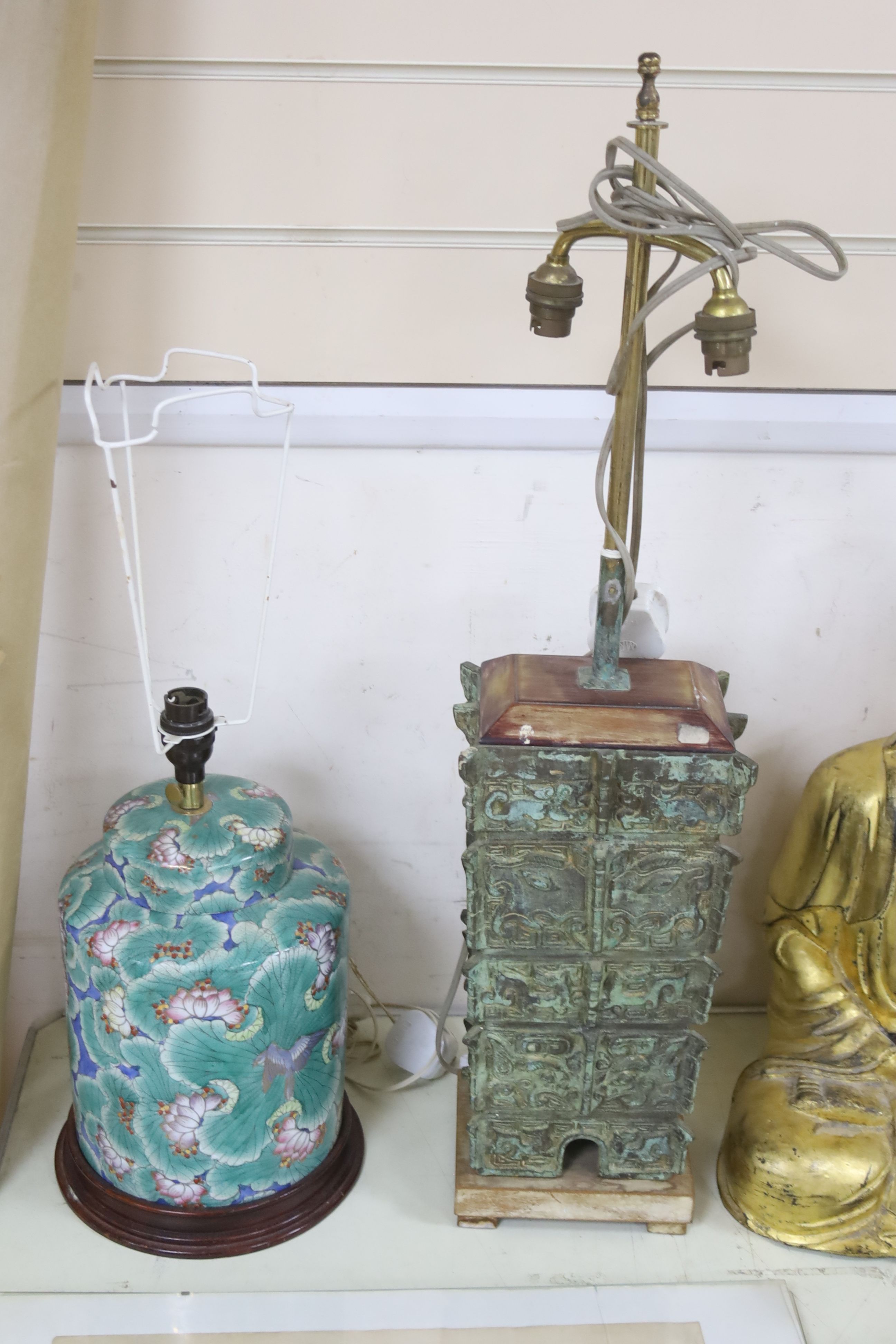 A Chinese archaistic cast vase, now as a lamp and a Chinese ceramic table lamp, tallest 38cm